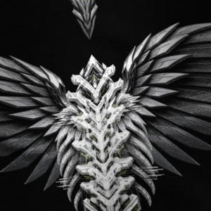 May include: A sculpture featuring a central white, skeletal, rib-like structure with intricate, layered details, flanked by large, dark grey, feathered wings. The design includes a pointed, crown-like top element and a small, detached wing-like piece above.