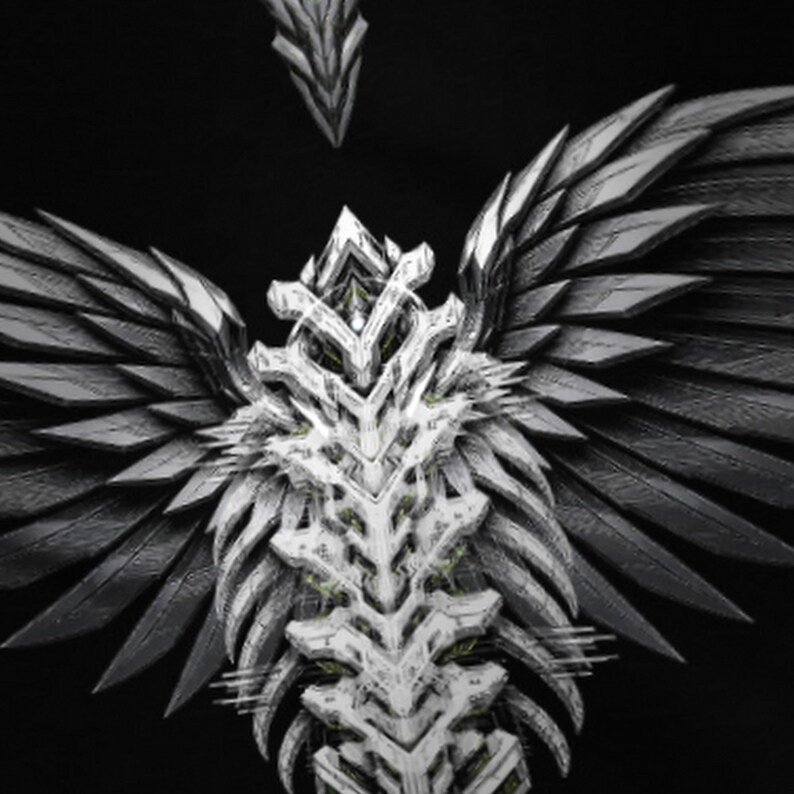 May include: A sculpture featuring a central white, skeletal, rib-like structure with intricate, layered details, flanked by large, dark grey, feathered wings. The design includes a pointed, crown-like top element and a small, detached wing-like piece above.