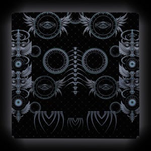 May include: A black fabric featuring a repeating pattern of light blue and grey graphic elements, including winged eyes, circular mechanical gears, closed eyes with wings, and a central vertical spine-like structure on a diamond grid.