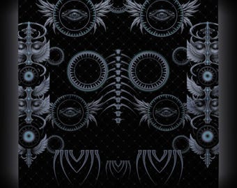 May include: A black fabric featuring a repeating pattern of light blue and grey graphic elements, including winged eyes, circular mechanical gears, closed eyes with wings, and a central vertical spine-like structure on a diamond grid.