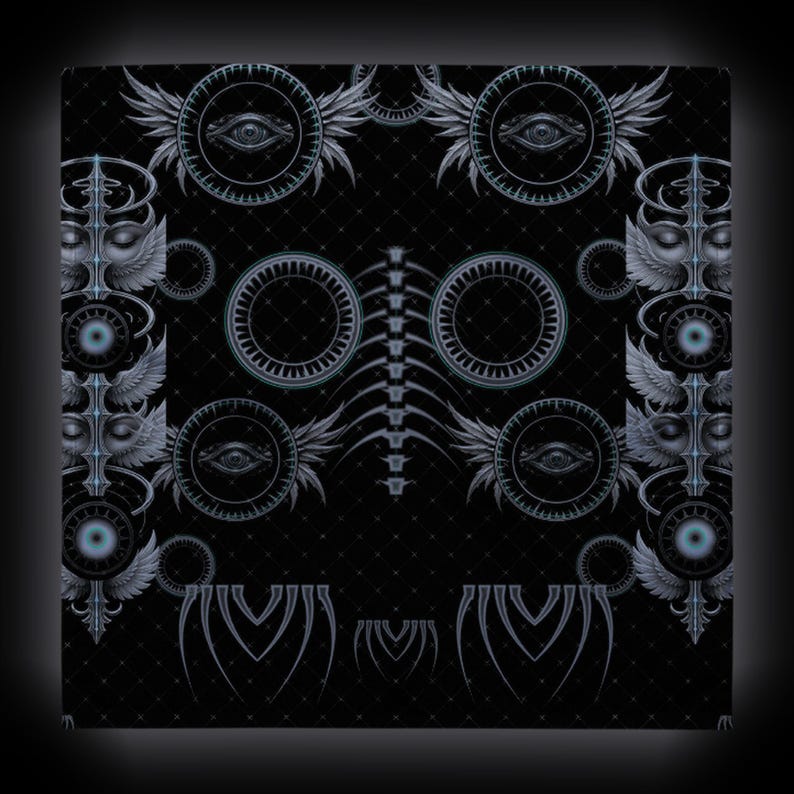May include: A black fabric featuring a repeating pattern of light blue and grey graphic elements, including winged eyes, circular mechanical gears, closed eyes with wings, and a central vertical spine-like structure on a diamond grid.