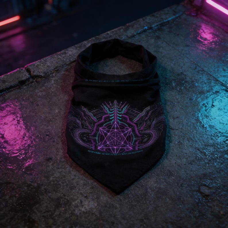 May include: A black triangular bandana featuring a central purple and teal geometric graphic. The design includes a complex star-like pattern surrounded by abstract flowing lines and small text elements in a vibrant neon color palette.