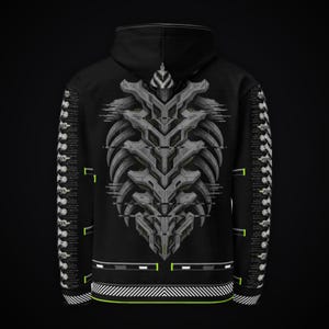 May include: A black hooded sweatshirt featuring a large, gray, mechanical ribcage graphic on the back. The sleeves display a repeating white spinal column pattern, and the hem includes white and neon green linear geometric accents.