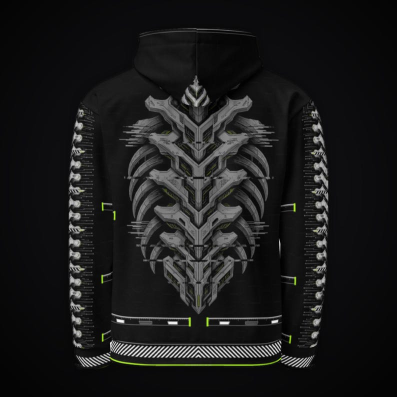 May include: A black hooded sweatshirt featuring a large, gray, mechanical ribcage graphic on the back. The sleeves display a repeating white spinal column pattern, and the hem includes white and neon green linear geometric accents.