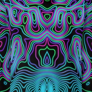 May include: A garment featuring a black background with a repeating, symmetrical pattern of glowing neon lines in vibrant shades of cyan, magenta, and lime green. The design consists of fluid, undulating contours that create a topographic effect.