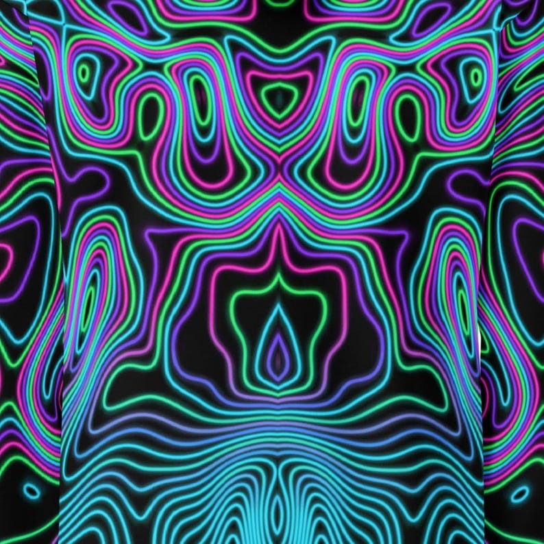 May include: A garment featuring a black background with a repeating, symmetrical pattern of glowing neon lines in vibrant shades of cyan, magenta, and lime green. The design consists of fluid, undulating contours that create a topographic effect.