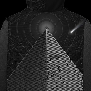 May include: A black hoodie featuring a graphic print of a large pyramid centered against a dark background with concentric circular lines. A bright white comet streaks across the upper right side, and the pyramid surface displays a pattern of horizontal white lines.