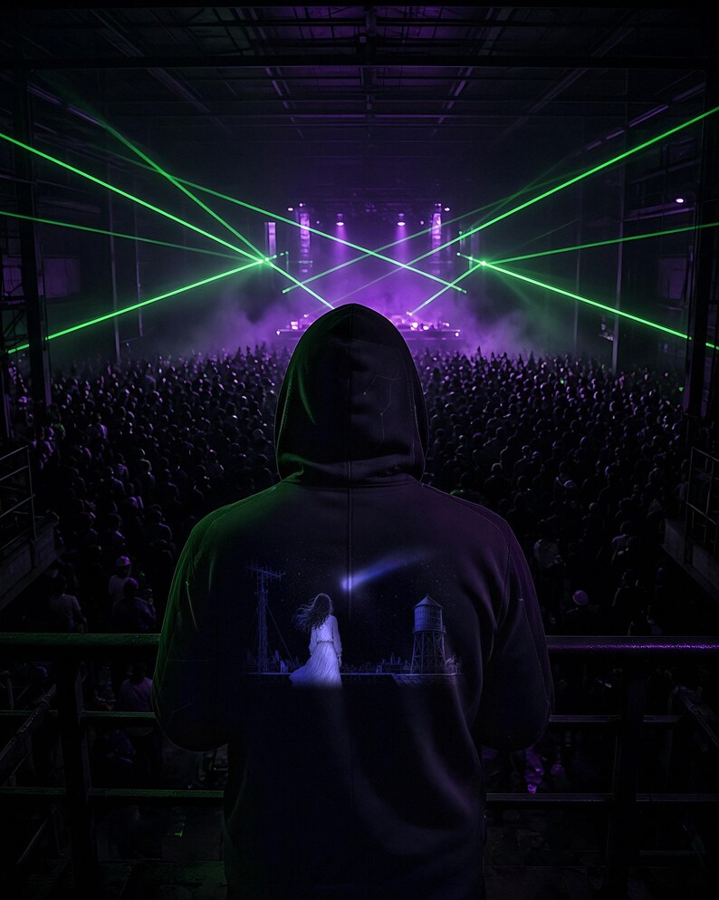 May include: A black hooded sweatshirt featuring a graphic print on the back. The print depicts a figure standing before a water tower and utility pole under a shooting star. The garment is worn in a dark venue with green laser lights.