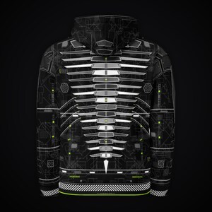 May include: A black hoodie featuring a white and neon green technical circuit board pattern. The design includes a central vertical spine-like graphic composed of horizontal segments, surrounded by geometric lines and small square accents.