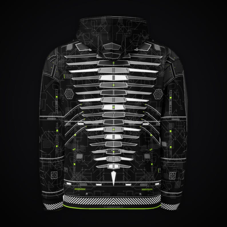 May include: A black hoodie featuring a white and neon green technical circuit board pattern. The design includes a central vertical spine-like graphic composed of horizontal segments, surrounded by geometric lines and small square accents.