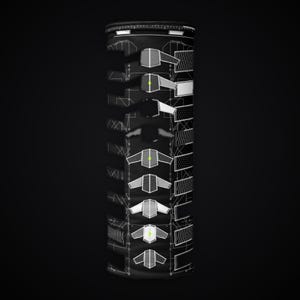 May include: A black cylindrical neck gaiter featuring a white technical schematic print. The design includes repeating geometric shapes, grid patterns, and thin lines, with small lime green accents centered on specific graphic elements.