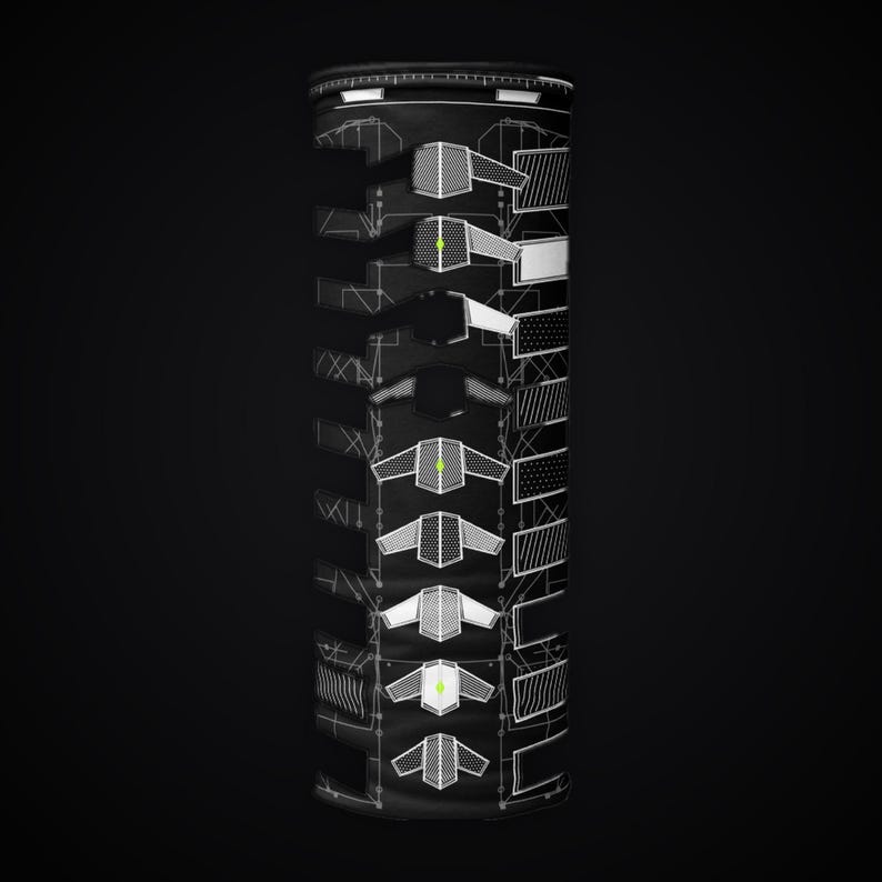 May include: A black cylindrical neck gaiter featuring a white technical schematic print. The design includes repeating geometric shapes, grid patterns, and thin lines, with small lime green accents centered on specific graphic elements.