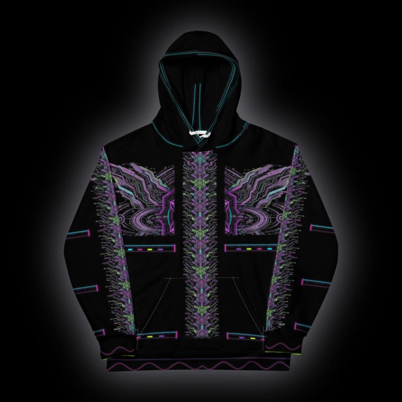 May include: A black hooded sweatshirt featuring a central vertical panel and side panels decorated with intricate purple, green, and blue geometric patterns. The hood includes thin teal piping, and the design incorporates small rectangular accents.