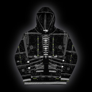 May include: A black hooded sweatshirt featuring an all-over white and neon green technical circuit board pattern. The design includes intricate grid lines, geometric shapes, and linear data pathways across the front and hood.