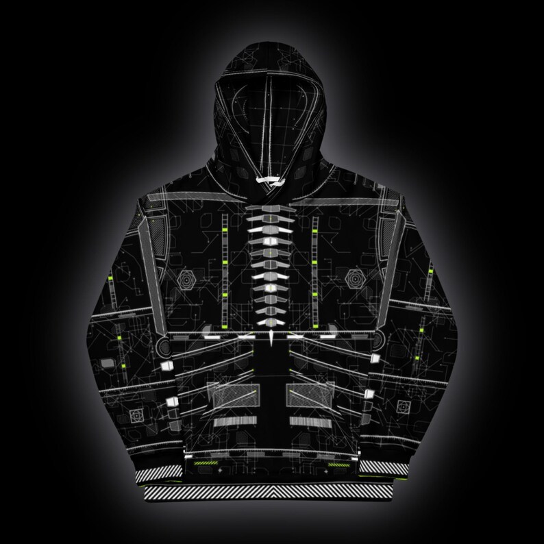 May include: A black hooded sweatshirt featuring an all-over white and neon green technical circuit board pattern. The design includes intricate grid lines, geometric shapes, and linear data pathways across the front and hood.