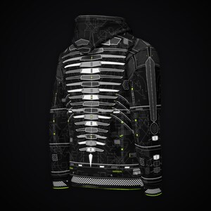 May include: A black hooded sweatshirt featuring a white and neon green technical blueprint graphic. The design displays a central vertical spinal column pattern composed of segmented white shapes, surrounded by intricate geometric line work.