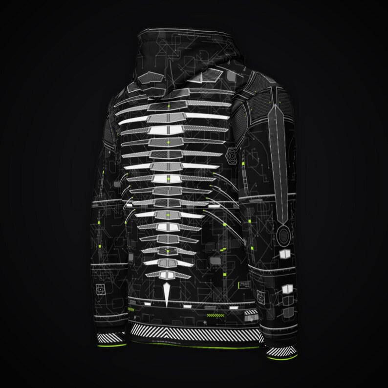 May include: A black hooded sweatshirt featuring a white and neon green technical blueprint graphic. The design displays a central vertical spinal column pattern composed of segmented white shapes, surrounded by intricate geometric line work.