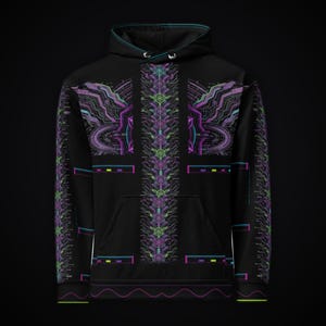 May include: A black hooded sweatshirt featuring a central vertical column of repeating hexagonal patterns in shades of purple and green. The design includes symmetrical circuit-like graphics on the chest and sleeves with cyan and magenta accents.