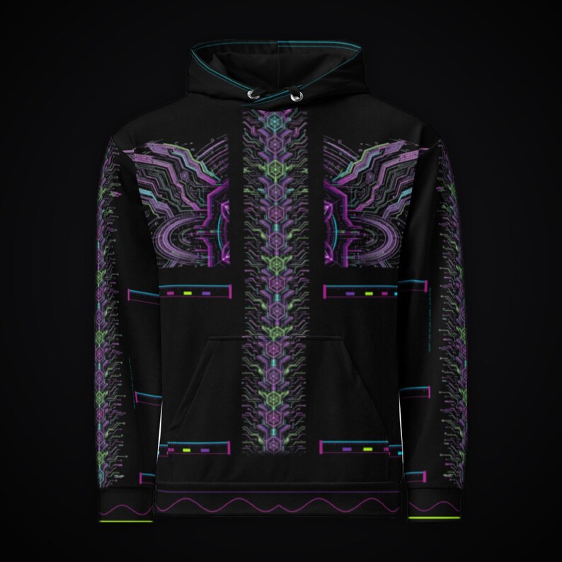 May include: A black hooded sweatshirt featuring a central vertical column of repeating hexagonal patterns in shades of purple and green. The design includes symmetrical circuit-like graphics on the chest and sleeves with cyan and magenta accents.