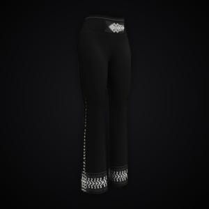 May include: Black leggings featuring a high waistband with a white geometric pattern. The same white pattern runs vertically down the outer side of the right leg and encircles the bottom hem of both legs, creating a cohesive design.