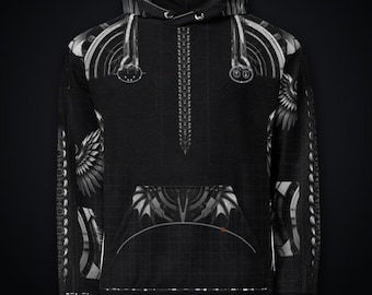 May include: A black hooded sweatshirt featuring a monochromatic graphic print of mechanical and wing-like patterns. The design includes a central vertical spine-like element, circular motifs on the chest, and a front kangaroo pocket.