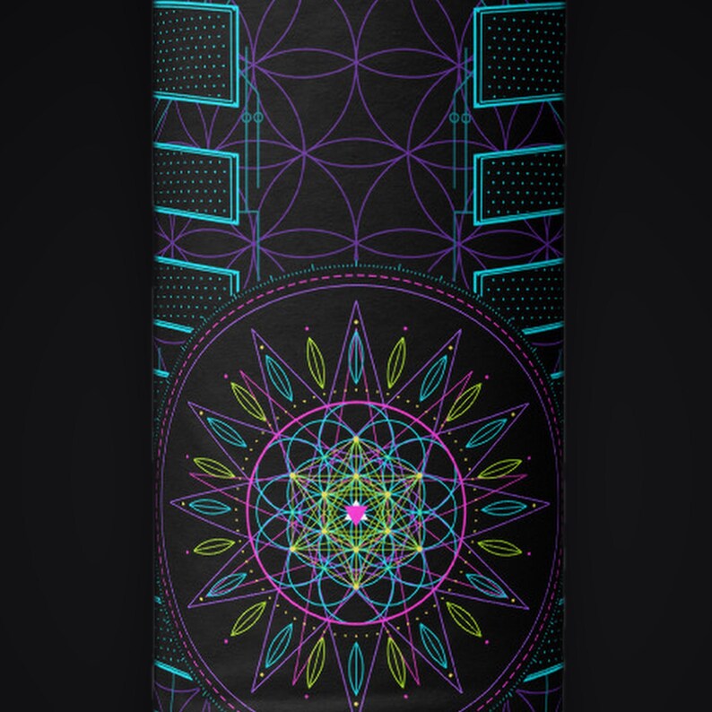 May include: A black rectangular surface featuring a vibrant geometric design. The pattern includes a central circular mandala composed of intersecting lines in neon pink, lime green, and cyan, set against a background of purple overlapping circles.