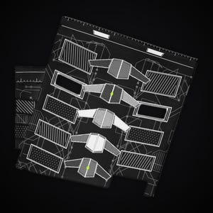 May include: A black rectangular mat featuring a white technical blueprint design. The pattern includes various geometric shapes, rectangular frames with diagonal stripes or dots, and five symmetrical shield-like icons with small green accents.