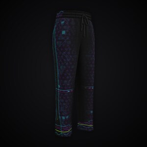 K&ouml;nnte beinhalten: Schwarze Jogginghose mit elastischem Bund und Kordelzug. Der Stoff zeigt ein geometrisches Gittermuster in Dunkelviolett und Blaugr&uuml;n mit d&uuml;nnen, leuchtenden cyanfarbenen und gelben Linien, die vertikal und horizontal &uuml;ber die Beine verlaufen.
