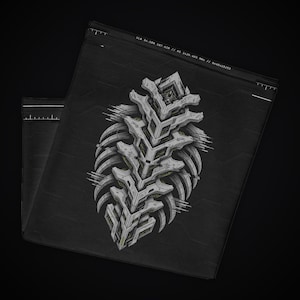 May include: A black neck gaiter featuring a white and gray geometric, rib-like structure graphic. The top edge displays the text VLA 34.08N 107.62W // HI 1420.405 MHZ // 8x40415253. The fabric has a subtle, repeating hexagonal pattern.