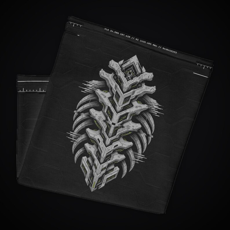 May include: A black neck gaiter featuring a white and gray geometric, rib-like structure graphic. The top edge displays the text VLA 34.08N 107.62W // HI 1420.405 MHZ // 8x40415253. The fabric has a subtle, repeating hexagonal pattern.