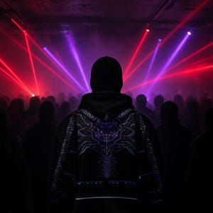 May include: A black hooded sweatshirt featuring a detailed, symmetrical purple and blue geometric graphic on the back. The hoodie is worn in a dark, crowded space illuminated by bright red and purple laser beams radiating from above.