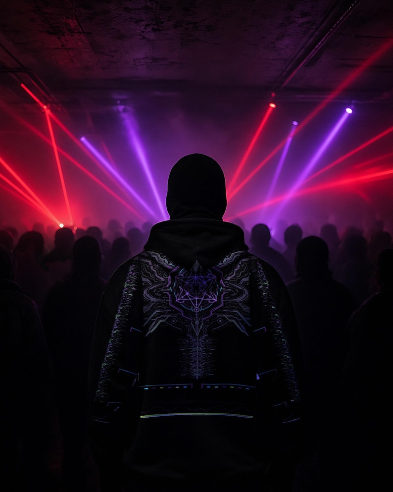 May include: A black hooded sweatshirt featuring a detailed, symmetrical purple and blue geometric graphic on the back. The hoodie is worn in a dark, crowded space illuminated by bright red and purple laser beams radiating from above.
