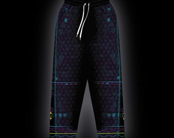 May include: Black sweatpants featuring a geometric purple grid pattern, neon blue and yellow line accents, and a white drawstring at the elastic waistband. The design includes horizontal wavy lines and rectangular border details.