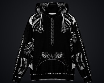 May include: A black hooded sweatshirt featuring a white graphic print of mechanical and wing-like patterns across the front, sleeves, and hood. The design includes a central vertical spine-like element and a front kangaroo pocket with detailing.