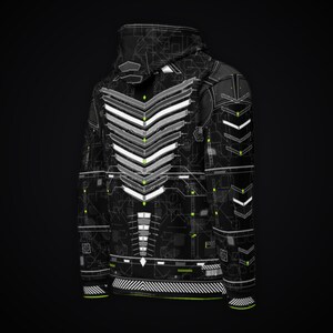 May include: A black hoodie featuring a white and gray geometric chevron pattern on the back. The design includes thin white circuit-like lines and small neon green accents throughout the fabric, with a hood and long sleeves.