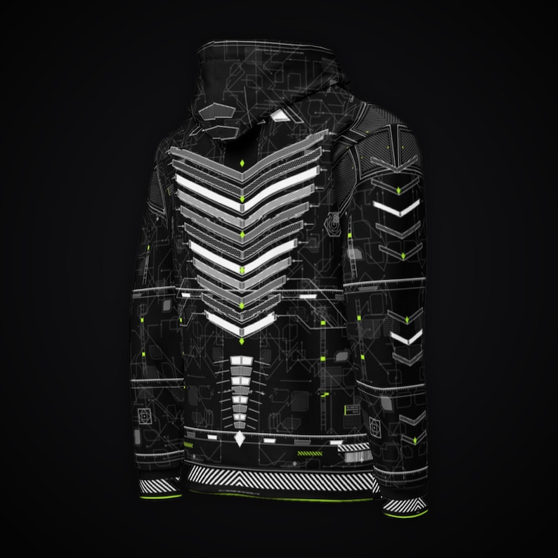 May include: A black hoodie featuring a white and gray geometric chevron pattern on the back. The design includes thin white circuit-like lines and small neon green accents throughout the fabric, with a hood and long sleeves.