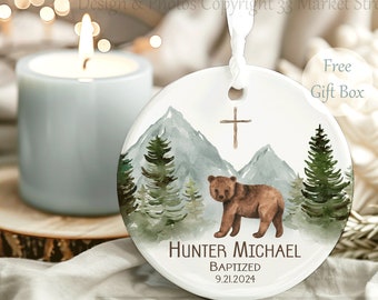 Personalized Cross Porcelain Ornament- Baptism Gift for Boy - Godson - Christening Gift