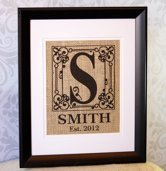 Items similar to Personalized Burlap Monogram Last Name Established ...