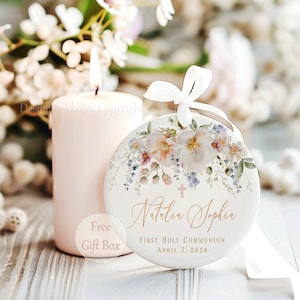 Personalized Cross Porcelain Ornament- Baptism Gift for Girl - Goddaughter Gift Wildflower Blossoms