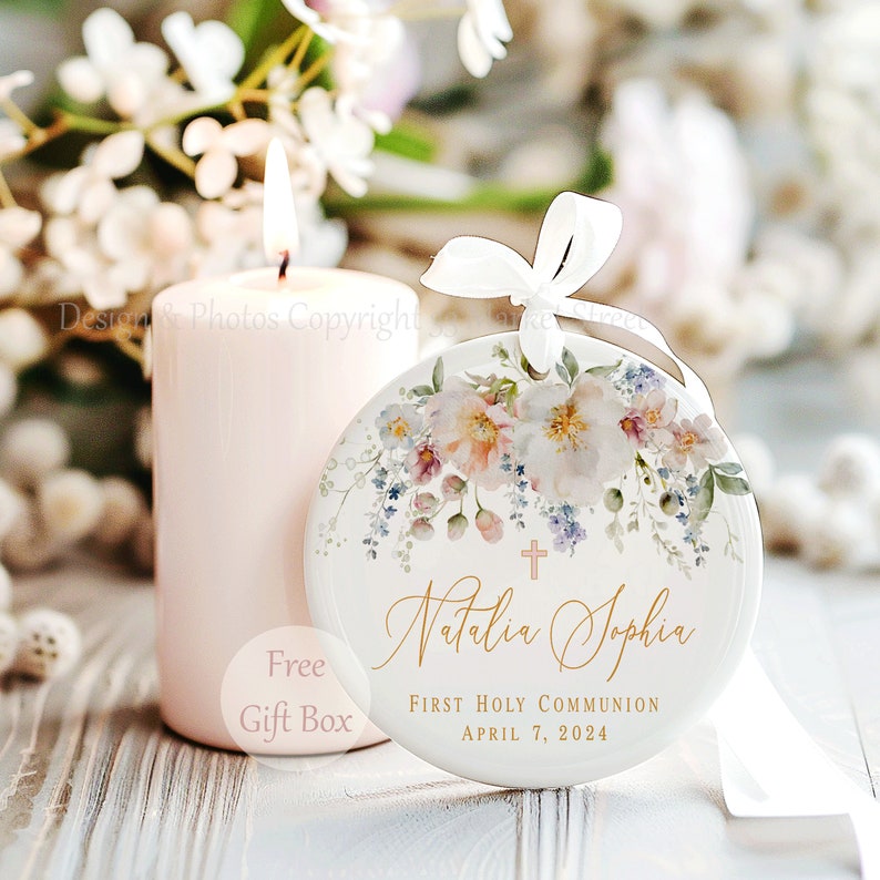 Personalized Cross Porcelain Ornament- Baptism Gift for Girl - Goddaughter Gift Wildflower Blossoms