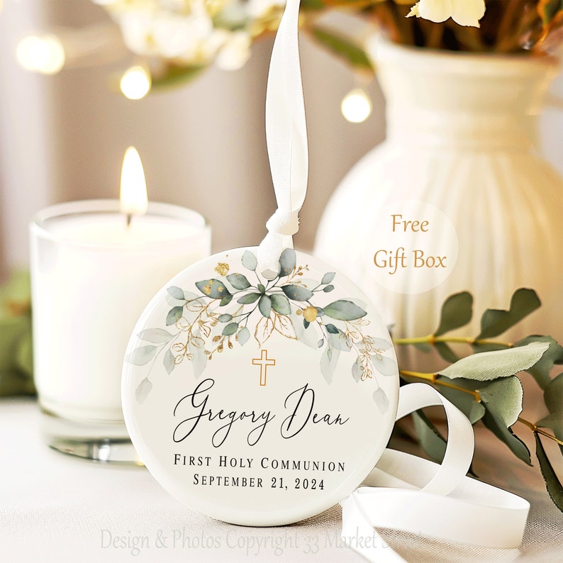 Personalized Cross Porcelain Ornament- Baptism Gift for Girl - Goddaughter Gift Leaves Black Writing