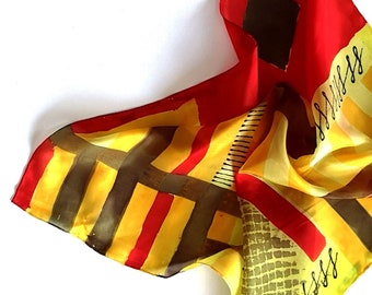 Small Silk Scarf, Yellow, Red, Black, Dark Green, Square Scarf Hand-painted on silk, designed by SilkArtidea