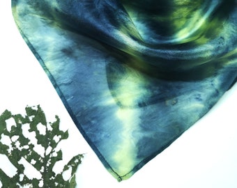 Hand-painted, silk batik, green, and grey silk scarf, created by SilkArtidea; hand-dyed, green, and night blue colors