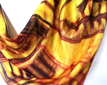 Handpainted silk, yellow and brown colors, square scarf Hand-painted on silk, designed by SilkArtidea, 22x22 inches or 55x55cm