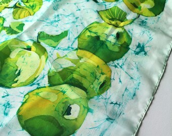 Handpainted Silk Scarf, Green Apple, Square Scarf, Batik on Silk, Woman Scarf, Green Summer Scarf, Design by SilkArtidea