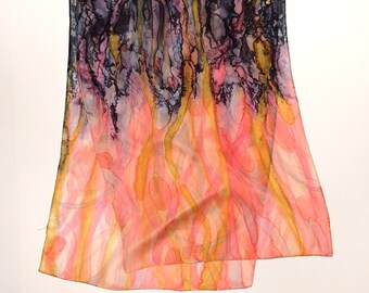 Hand-painted silk, Blac orange tones scarf, One of a Kinde silk scarf, hand-painted silk,black, grey, orange,  colors, mothers day gift