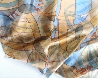 Hand-painted silk scarf. One of a Kinde Silk, Beige, Brown, and Blue Colors Silk, made by SilkArtidea, is a Gift for Mother