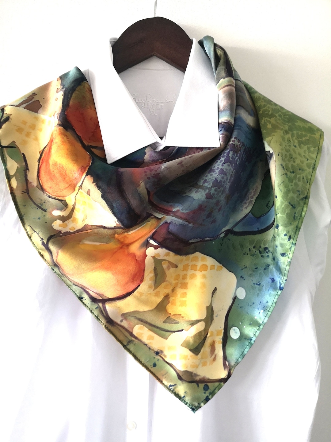 Silk Scarf, Yellow, Red, Grey, Square Scarf. Hand Painted on Crepe ...