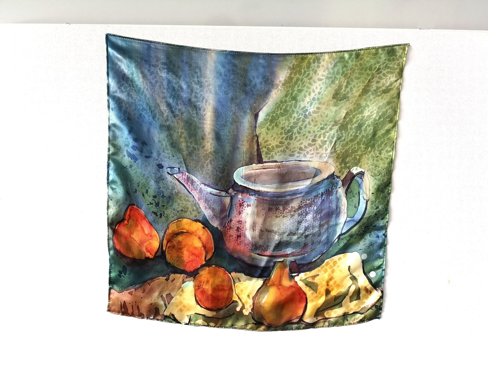 Silk Scarf, Yellow, Red, Grey, Square Scarf. Hand Painted on Crepe Satin, Designed by ...