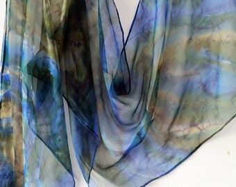 Hand-painted blue chiffon scarf, wedding, Mother's Day gift, hand-painted by SilkArtidea, size 18 x 72 inches